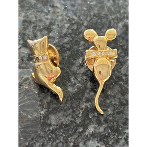 Gold-Tone Cat & Mouse Brooches With Rhinestone Details - Unique Mini Pins For Ac